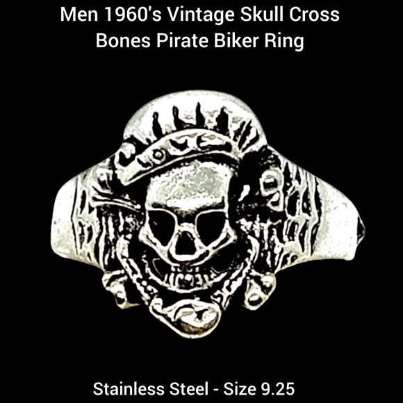 RARE‼️ Vintage 60’s - SS Skull Cross Bones Pirate Biker Ring - Size 9.25 - Picture 1 of 1